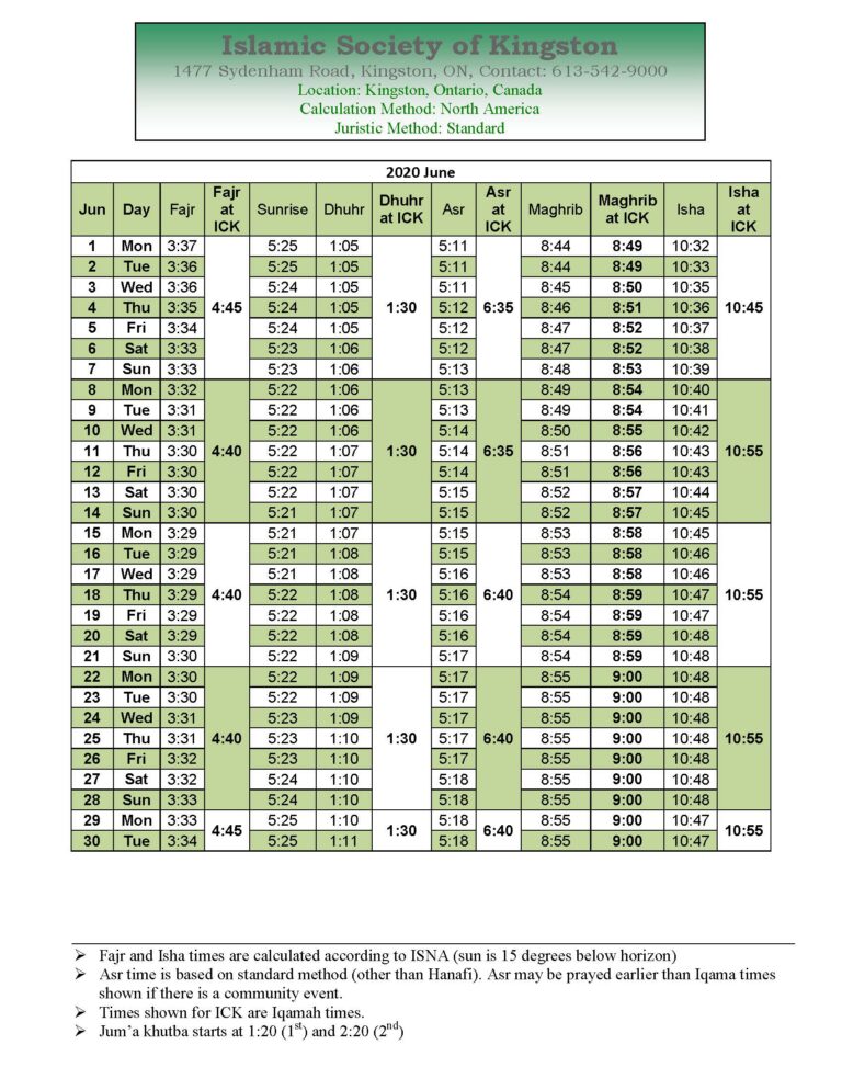 Prayer Timings – Islamic Society of Kingston – ISK – Islamic Centre ...